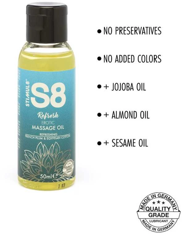 Stimul8 S8 S8 masažinis aliejus 50 ml prancūziškų slyvų ir egiptietiškos medvilnės