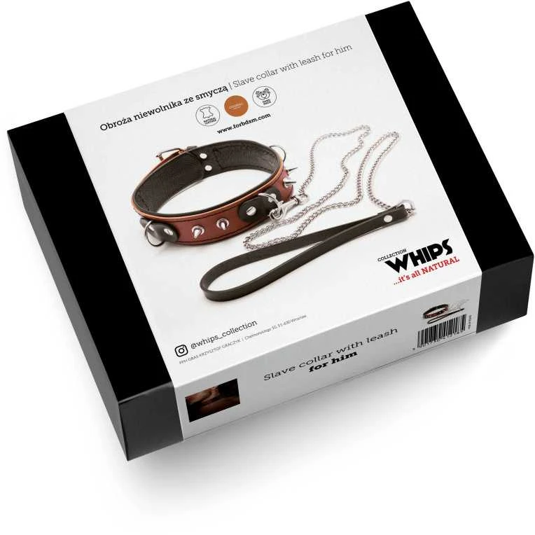 Whips Collections Bindings-WHIPS vyriška antkaklis su pavadėliu, konjakas