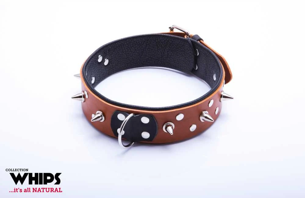 Whips Collections Bindings-WHIPS vyriška antkaklis su pavadėliu, konjakas