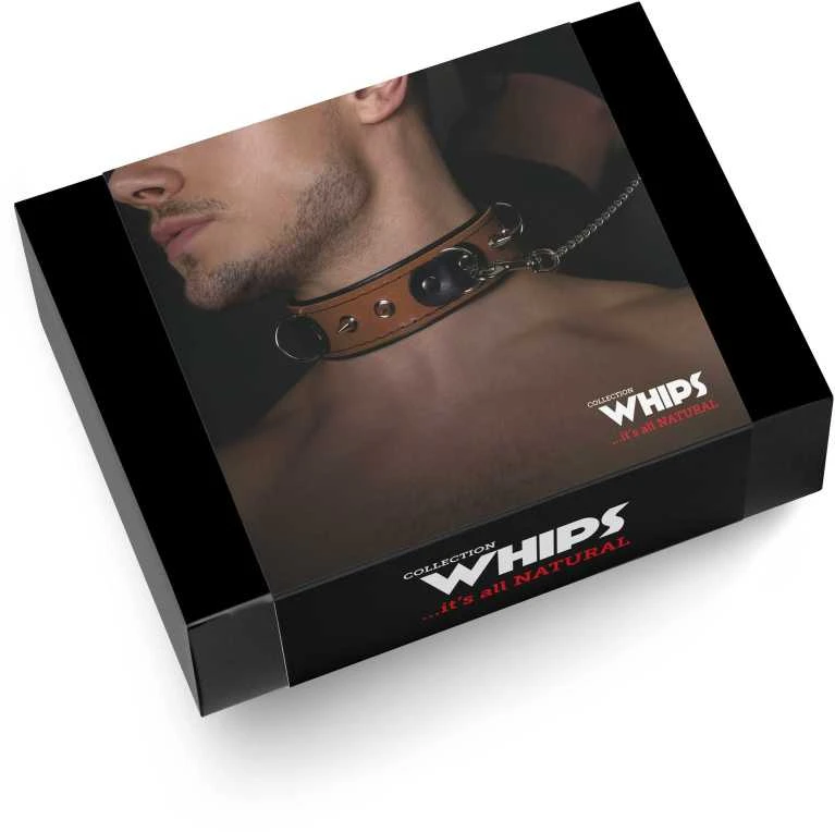 Whips Collections Bindings-WHIPS vyriška antkaklis su pavadėliu, konjakas