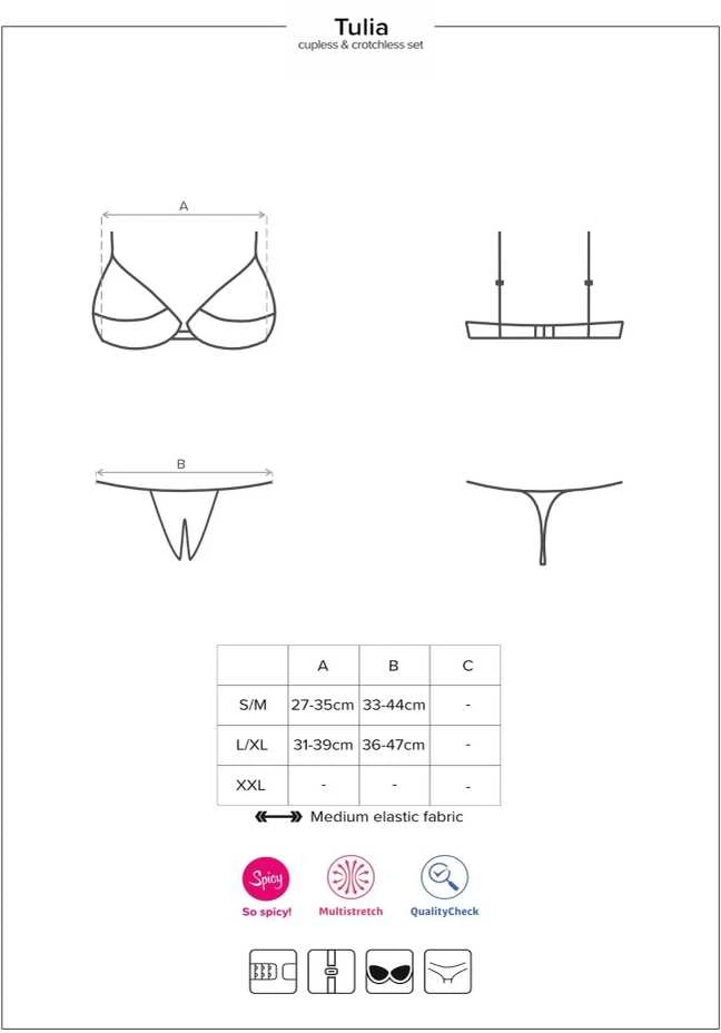 Obsessive - Tulia 2 pcs set cupless juodas L/XL seksualus liemenėlės ir kelnaičių komplektas