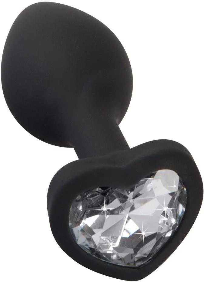 Juodas silikoninis analinis kištukas su širdelės formos akmeniu