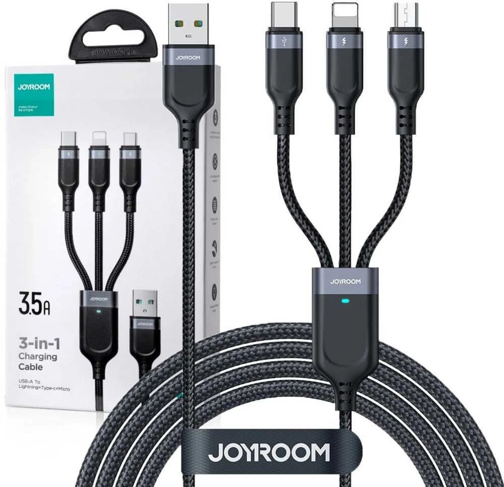 Joyroom Multi-Use Series S-A18 3in1 USB-A – Lightning / USB-C / micro USB kabelis 0.3m – juodos spalvos