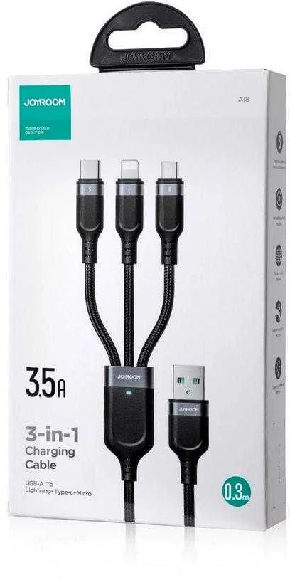 Joyroom Multi-Use Series S-A18 3in1 USB-A – Lightning / USB-C / micro USB kabelis 0.3m – juodos spalvos