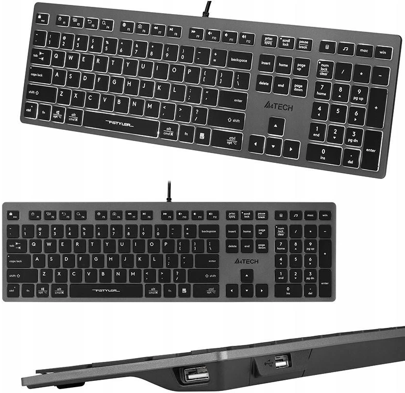 A4Tech FSTYLER FX60H (Baltas su pašvietimu) klaviatūra USB QWERTY Juodas, Pilkas
