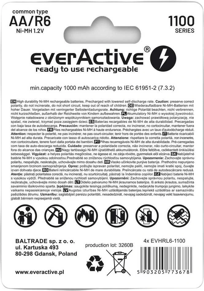 EVERACTIVE AA / R6 BATERIJOS EVERACTIVE NI-MH 1100 MAH INFINITY LINE - BLISTERIS PO 4 VNT. EVHRL6-1100