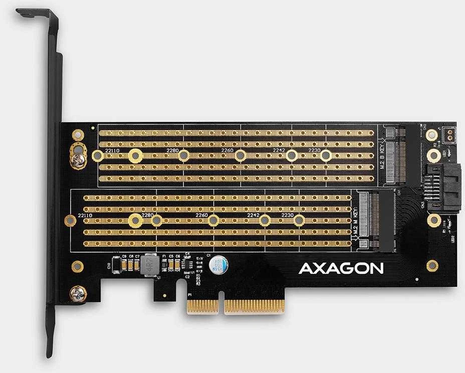 AXAGON PCEM2-D PCI-E 3.0 4x - DUAL M.2 SSD (NVMe + SATA), dual voltage, iki 110mm SSD