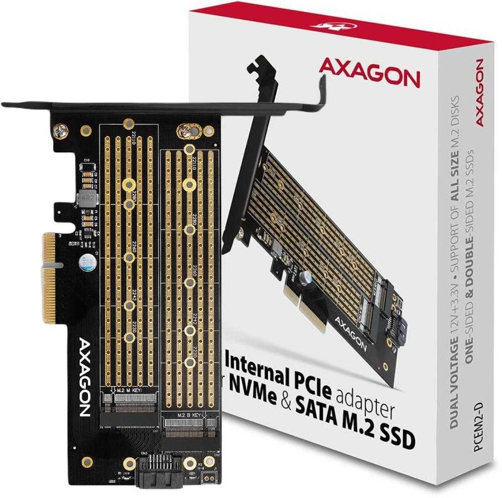 AXAGON PCEM2-D PCI-E 3.0 4x - DUAL M.2 SSD (NVMe + SATA), dual voltage, iki 110mm SSD