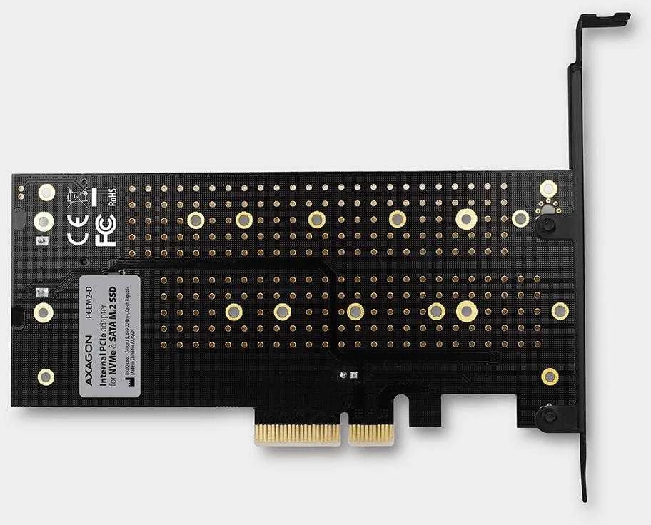 AXAGON PCEM2-D PCI-E 3.0 4x - DUAL M.2 SSD (NVMe + SATA), dual voltage, iki 110mm SSD