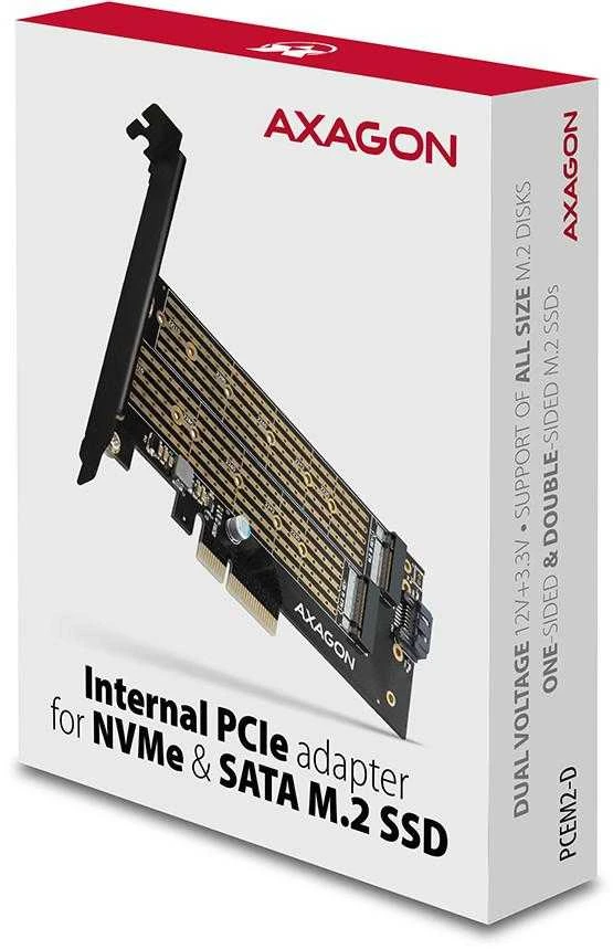 AXAGON PCEM2-D PCI-E 3.0 4x - DUAL M.2 SSD (NVMe + SATA), dual voltage, iki 110mm SSD