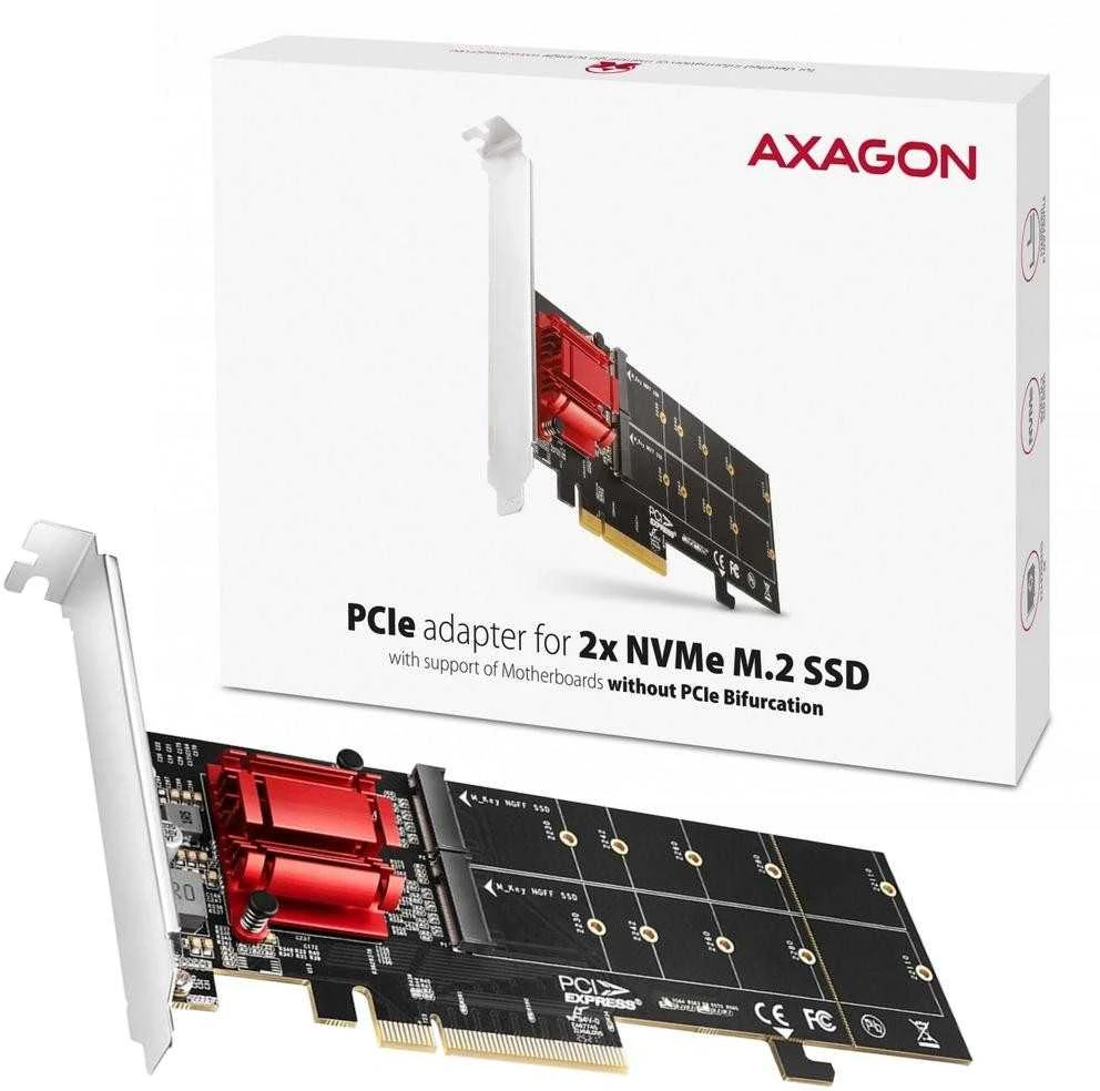 Axagon PCEM2-ND PCIE 2X NVME M.2 CONTROLLERPCI-Express x8 vidinis valdiklis, skirtas dviejų NVMe M.2 SSD diskų prijungimui prie kompiuterio. Palaiko pagrindines plokštes be PCIe Bifurcation.