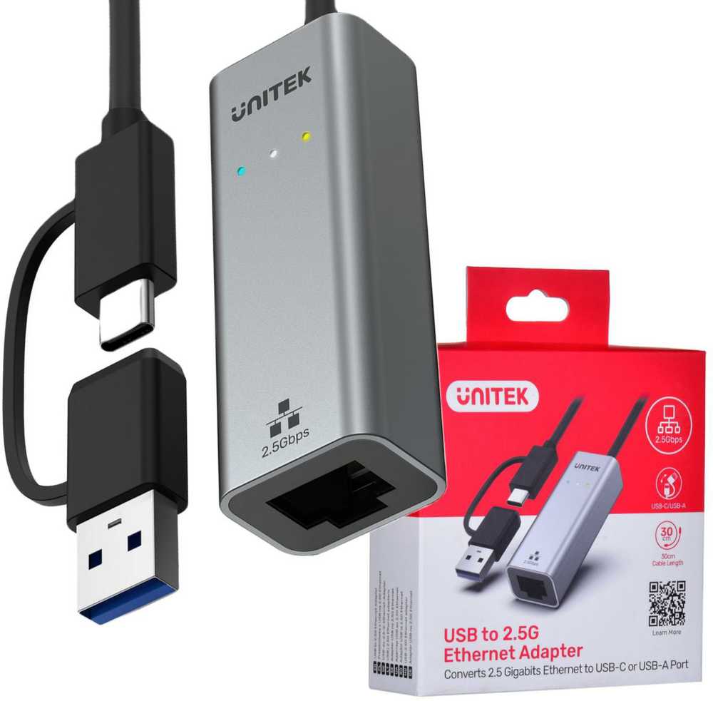 Tinklo Adapteris - UNITEK U1313C USB-A/USB-C Į RJ-45 2.5 Gbit Pilkas