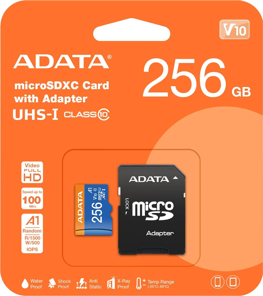 ADATA 256GB Premier Micro SDHC, R/W iki 100/25 MB/s, su adapteriu