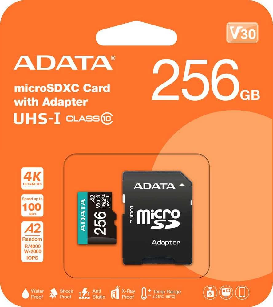Atminties kortelė ADATA | Premier Pro | UHS-I U3 | 256 GB | micro SDXC | Flash atminties klasė 10 | su adapteriu