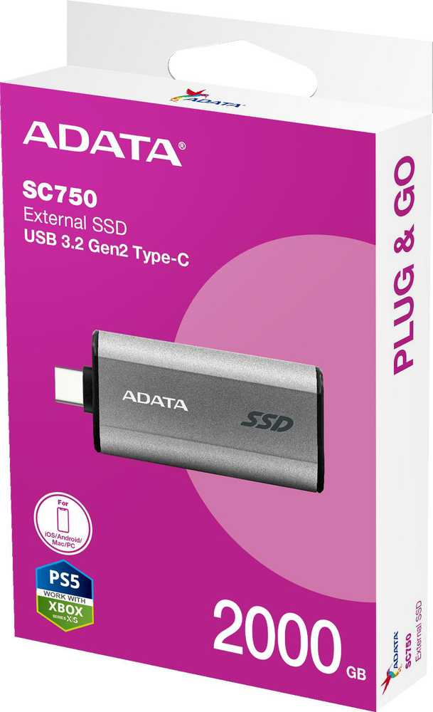 Kietasis diskas ADATA SC750 2TB Plug&amp;Go Sidabrinis 1050/1000