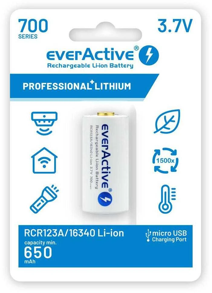 everActive USB įkraunamas RCR123A 16340 3,7V 700mAh akumuliatorius su PCM