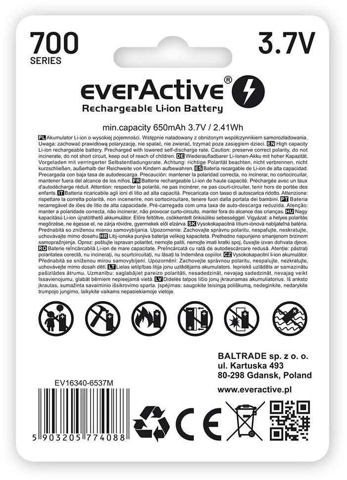 everActive USB įkraunamas RCR123A 16340 3,7V 700mAh akumuliatorius su PCM