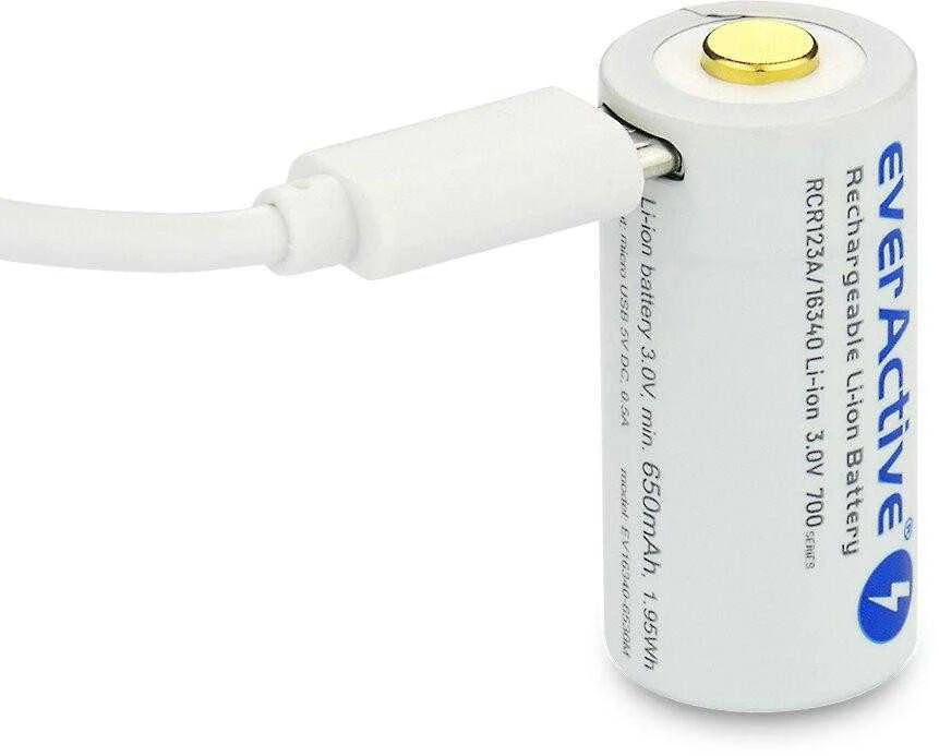 everActive USB įkraunamas RCR123A 16340 3,0V 700mAh akumuliatorius su PCM