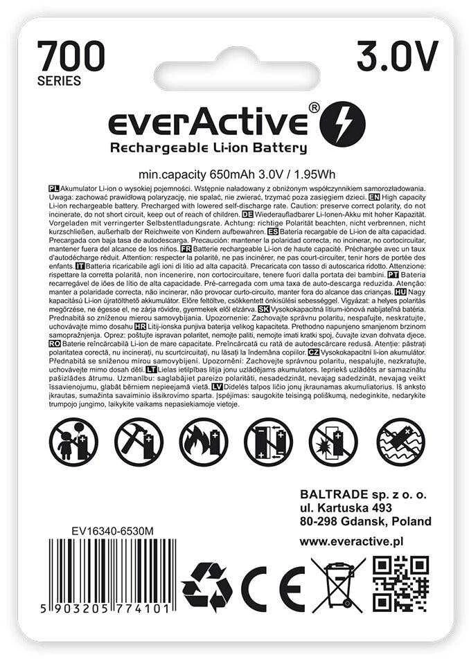 everActive USB įkraunamas RCR123A 16340 3,0V 700mAh akumuliatorius su PCM