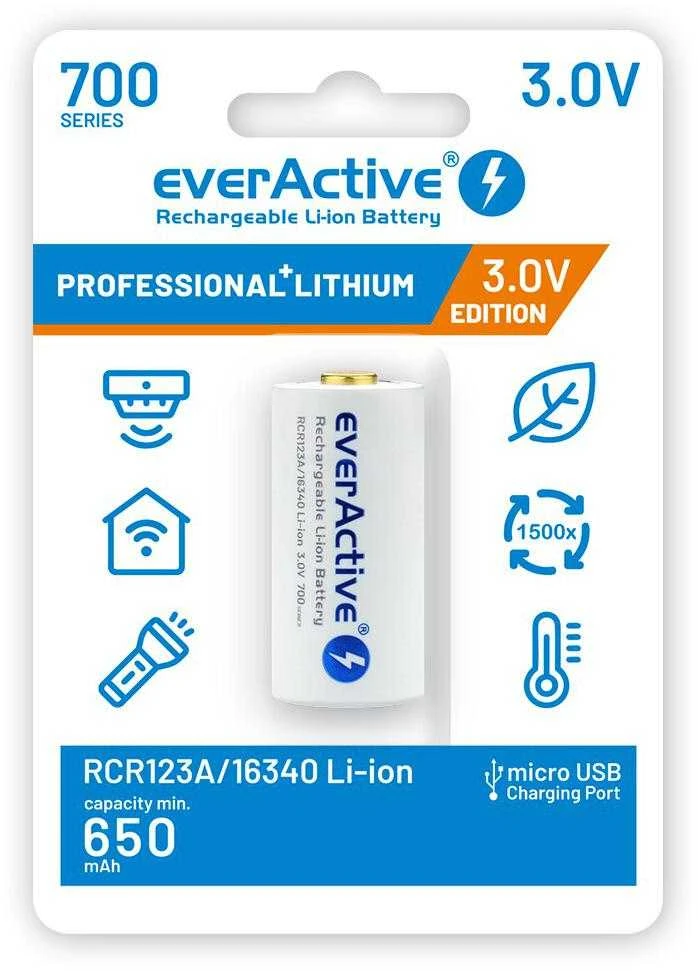 everActive USB įkraunamas RCR123A 16340 3,0V 700mAh akumuliatorius su PCM