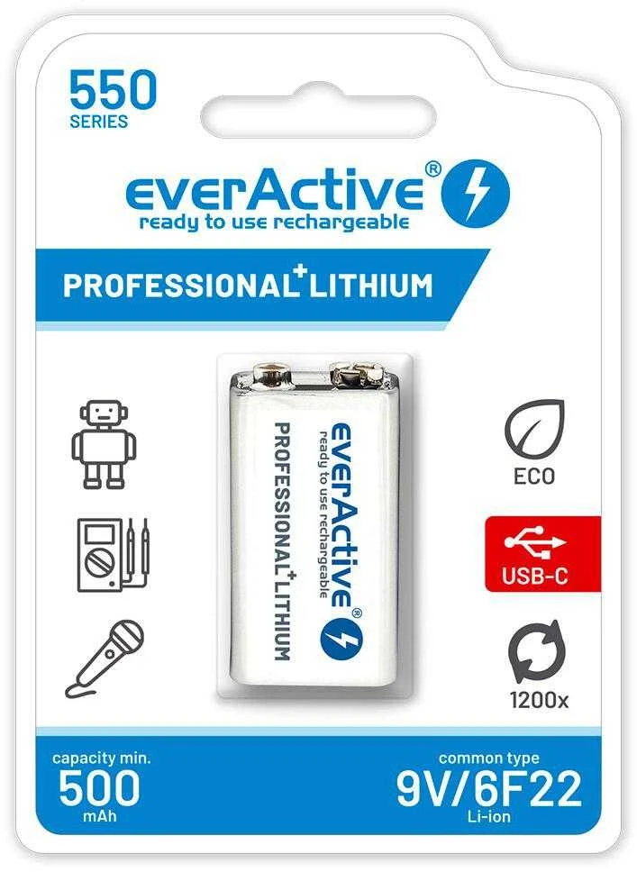 everActive Lithium USB-C įkraunamas 9V 550mAh akumuliatorius