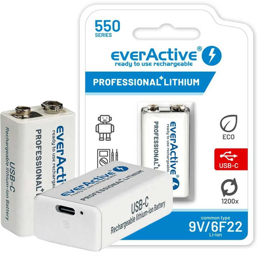 everActive Lithium USB-C įkraunamas 9V 550mAh akumuliatorius