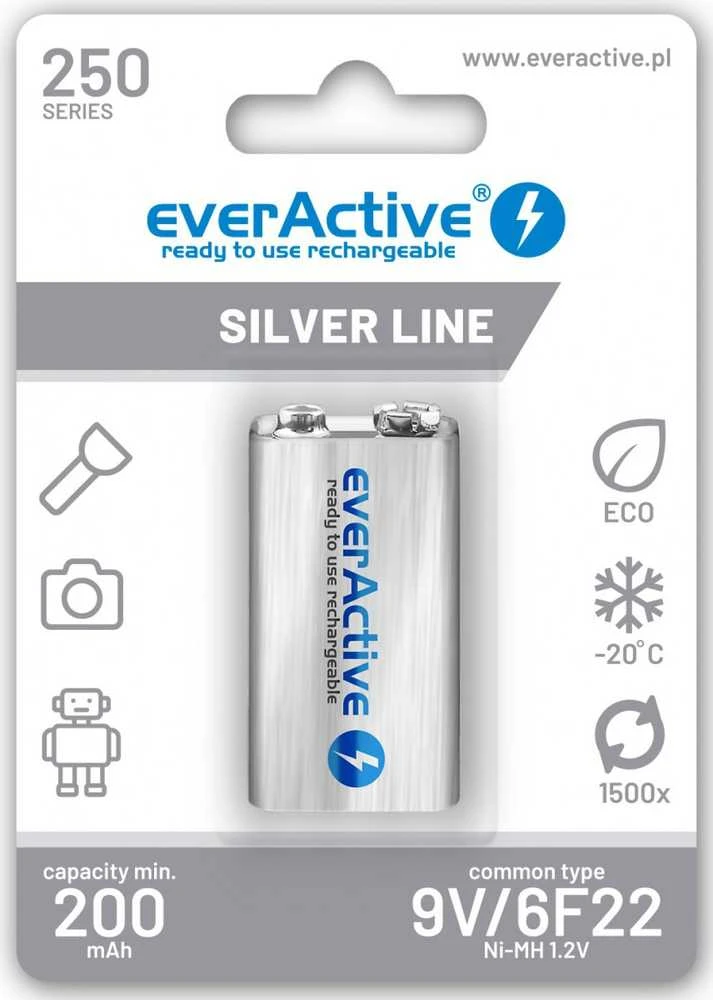 everActive Sidabrinis linija paruošta naudojimui 9V 250mAh akumuliatorius, 1 vnt.