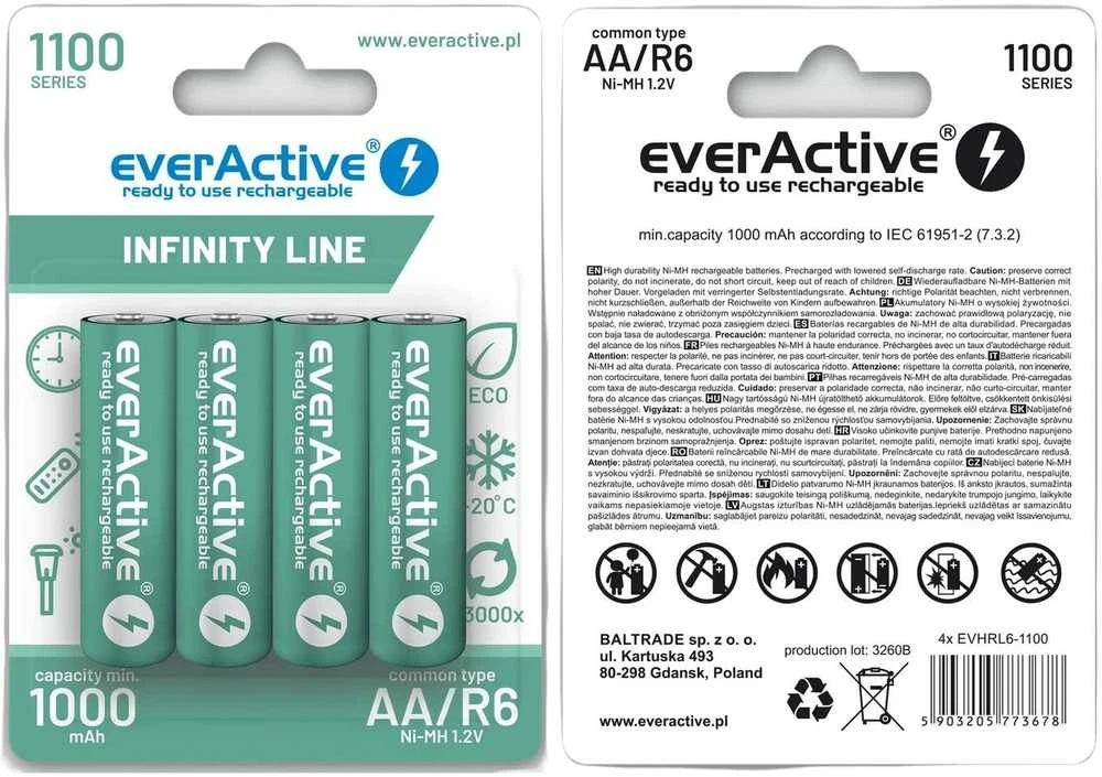 EVERACTIVE AA / R6 BATERIJOS EVERACTIVE NI-MH 1100 MAH INFINITY LINE - BLISTERIS PO 4 VNT. EVHRL6-1100