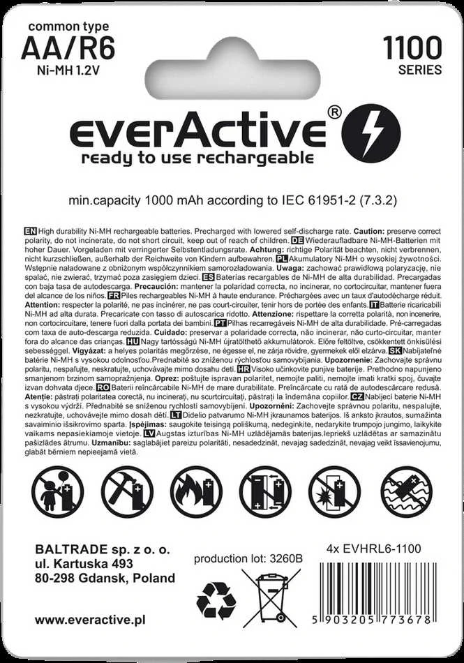 EVERACTIVE AA / R6 BATERIJOS EVERACTIVE NI-MH 1100 MAH INFINITY LINE - BLISTERIS PO 4 VNT. EVHRL6-1100