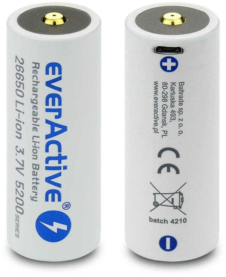 everActive USB įkraunamas 26650 3,7V 5200mAh akumuliatorius su PCM