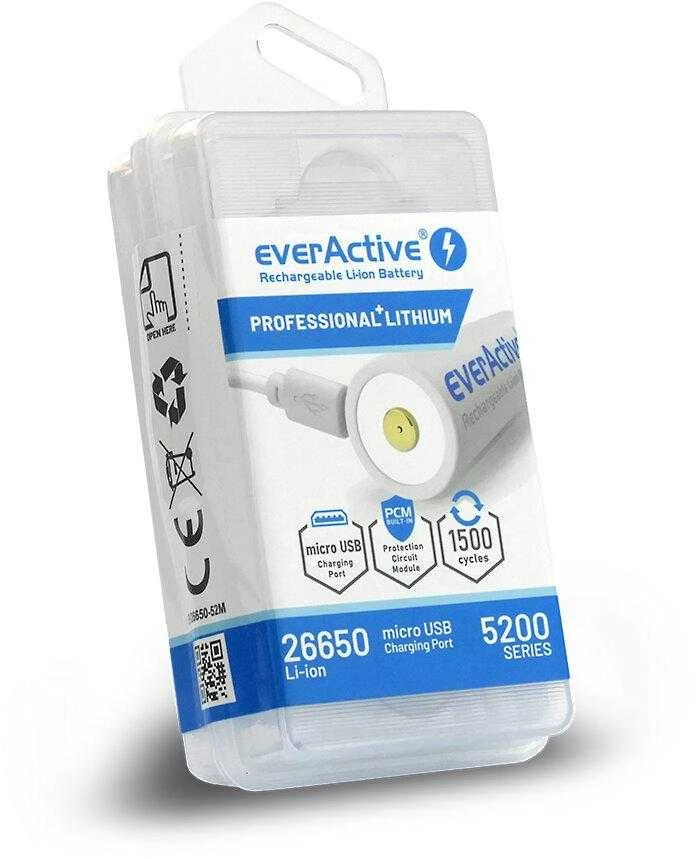 everActive USB įkraunamas 26650 3,7V 5200mAh akumuliatorius su PCM