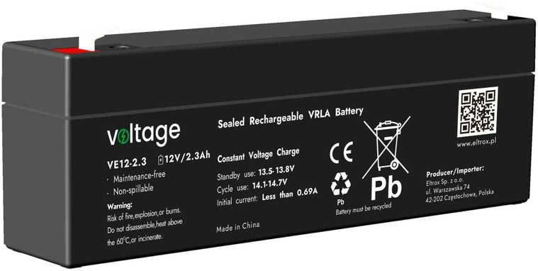 voltage AGM įtampa 12V 2,3Ah VE12-2,3 baterija (eksploatavimo trukmė 6-9 metai)