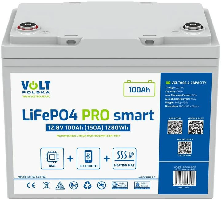 Akumuliatorius LiFePO4 Volt Polska PRO SMART 12,8V 100 Ah (150A) BMS BLUETOOTH + MATA GRZEWCZA