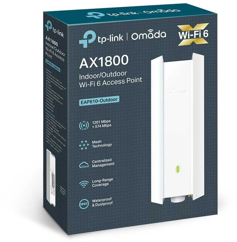 TP-LINK | AX1800 vidinis/lauko „WiFi“ 6 prieigos taškas | EAP610-Outdoor | 802.11ax | 2,4 GHz/5 GHz | 1201+574 Mbit/s | 10/100/1000 Mbit/s | Ethernet LAN (RJ-45) jungtys: 1 | MU-MiMO: Taip | PoE įvestis | Antenos tipas: vidinė