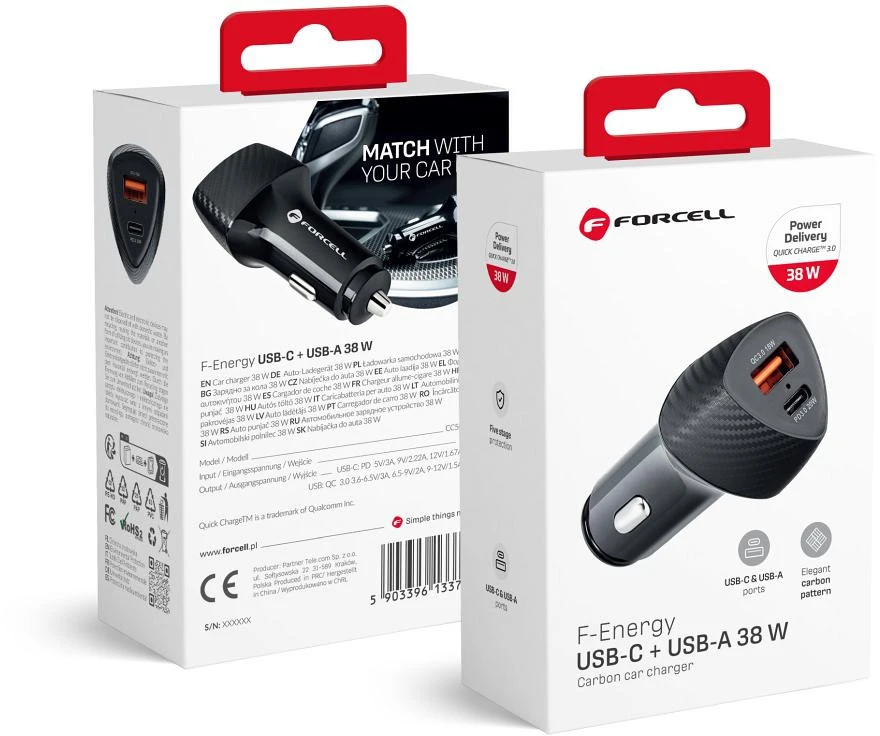 Automobilinis įkroviklis Forcell F-Energy Carbon USB C + USB A QC3.0 PD 3A 38W CC50-1A1C juodas