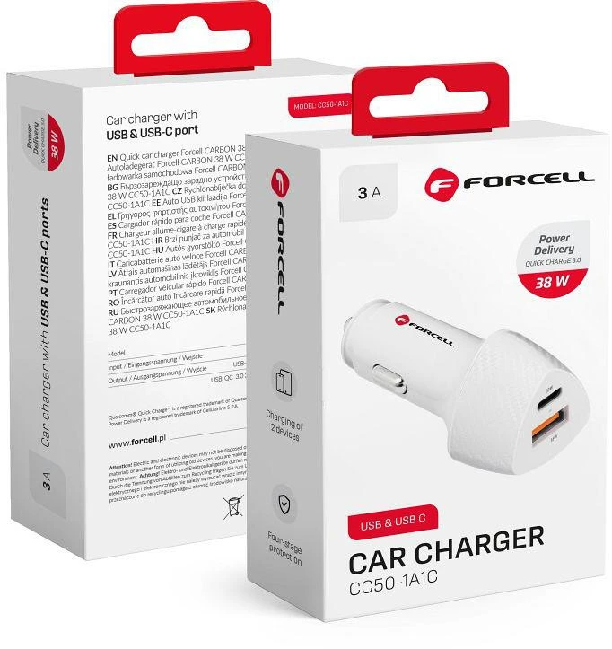 Įkroviklis automobilinis Forcell (CC50-1A1C) (1xUSB-C; 1xUSB; 5A 38W) baltas