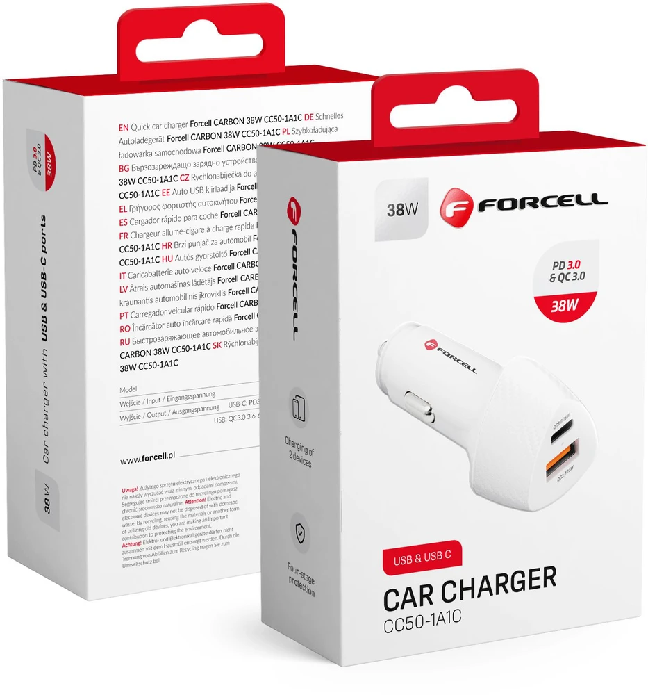 Įkroviklis automobilinis Forcell (CC50-1A1C) (1xUSB-C; 1xUSB; 5A 38W) baltas