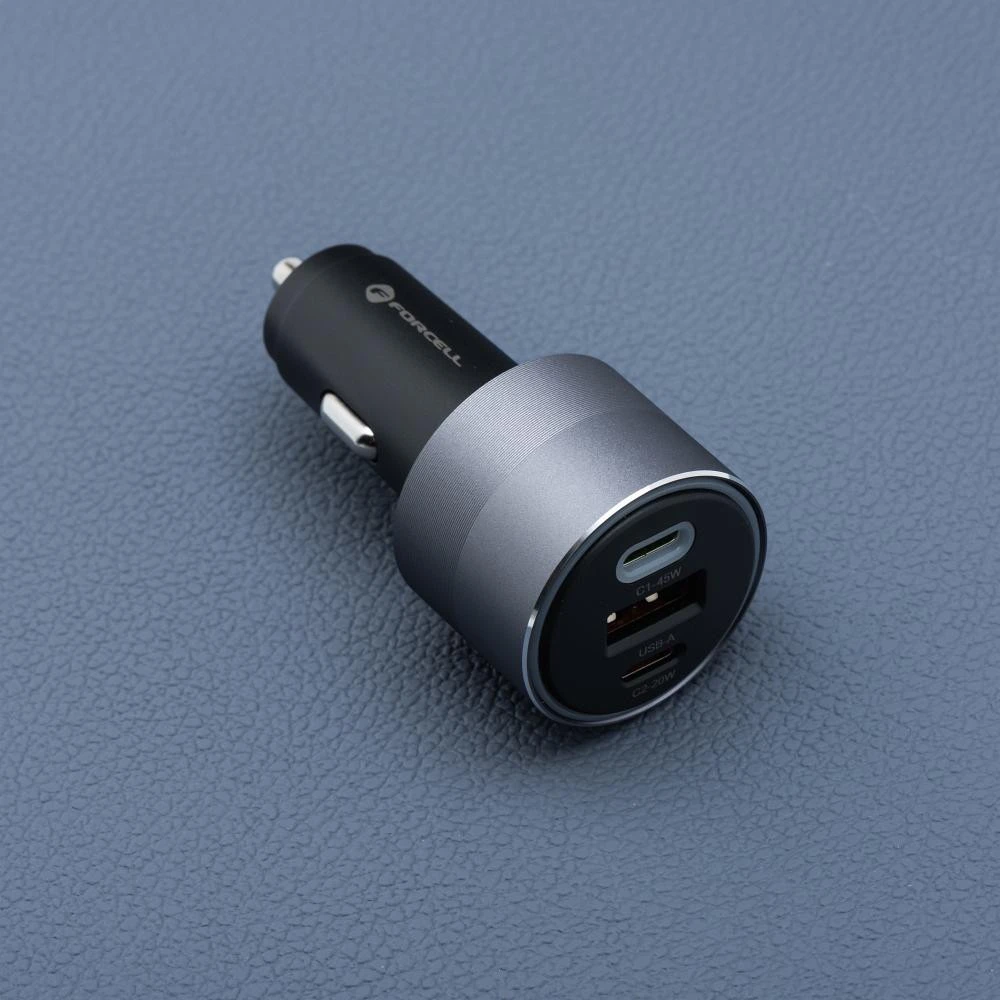 Automobilinis įkroviklis Forcell F-Energy Alu 2 x USB C + USB A QC4.0 PD SFC2.0 4,5A 65W pilka