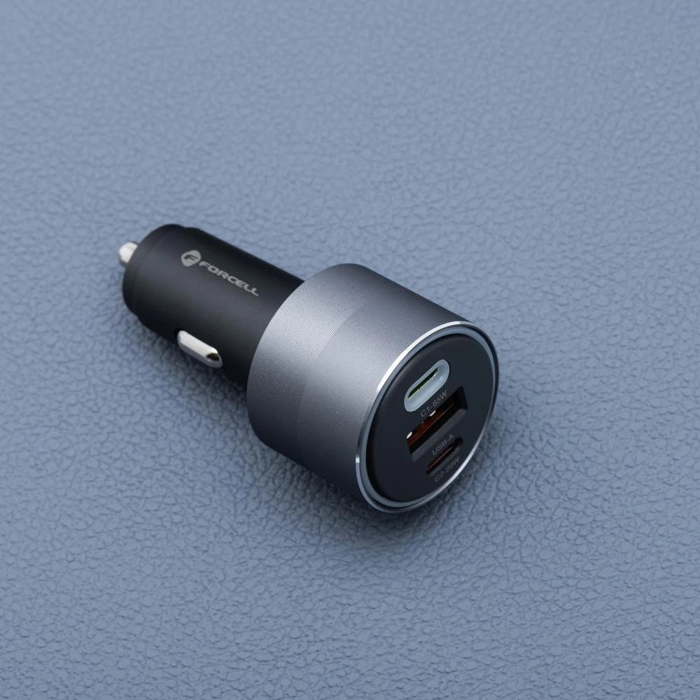 Automobilinis įkroviklis Forcell F-Energy Alu 2 x USB C + USB A QC4.0 PD SFC2.0 3A 85W pilka