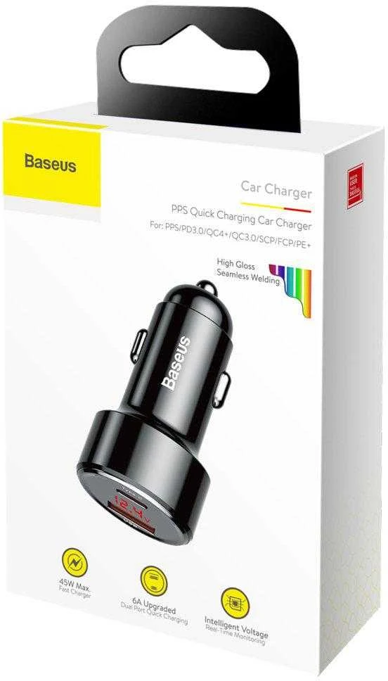 Dėklas Baseus Magic USB + USB-C QC 4.0 PD 45W automobilinis įkroviklis - juodas