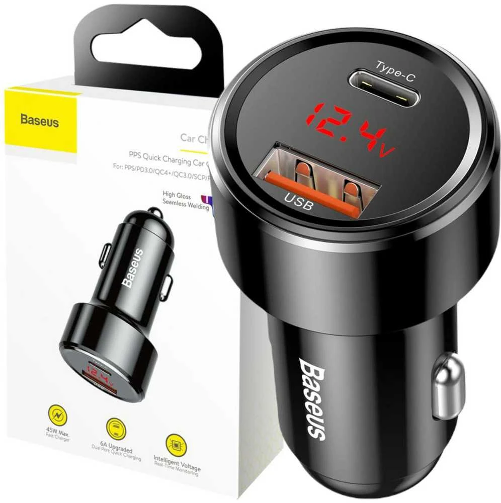 Dėklas Baseus Magic USB + USB-C QC 4.0 PD 45W automobilinis įkroviklis - juodas