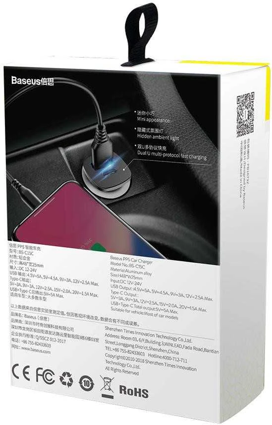 Baseus Square automobilinis įkroviklis PPS QC4.0 / PD3.0 5A 30W - Juodas