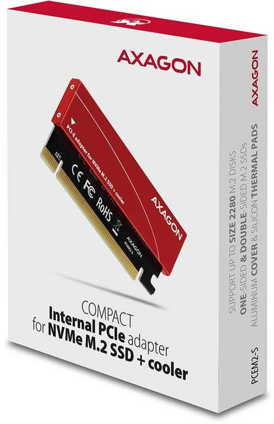 AXAGON PCEM2-S PCI-E 3.0 16x - M.2 SSD NVMe, iki 80mm SSD, žemo profilio, aušintuvas