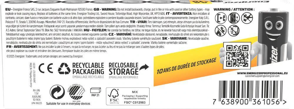 Energizer AA baterijų pakuotės galinė pusė