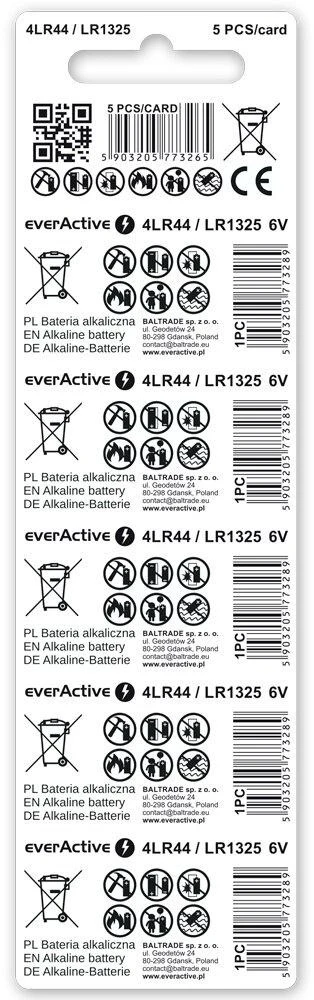 Baterija 4LR44 / LR1325 / 544A everActive 6V (5 vnt. lizdinėje pakuotėje)