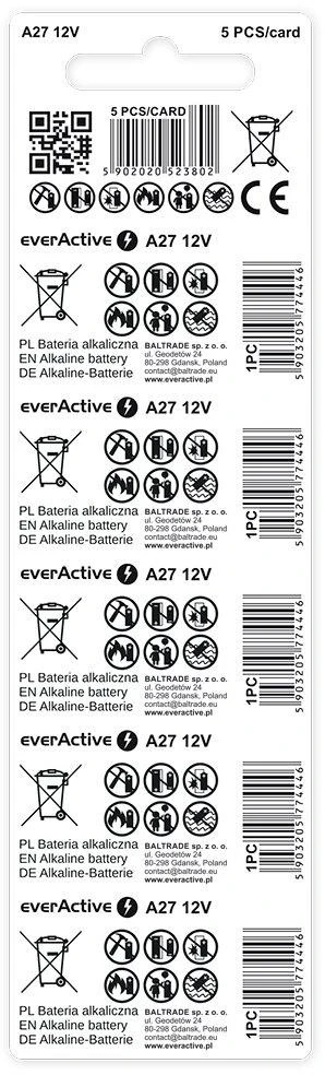 Baterija A27 / 27A everActive 12V (blisterinė pakuotė, 5 vnt.)