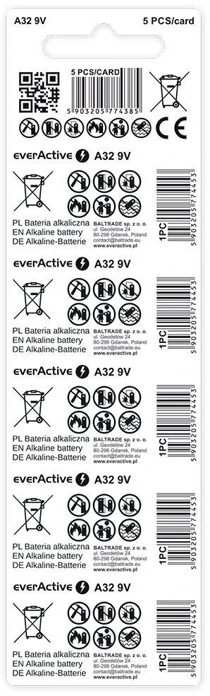 Baterija A32 / 32A everActive 9V (5 vnt. lizdinėje pakuotėje)