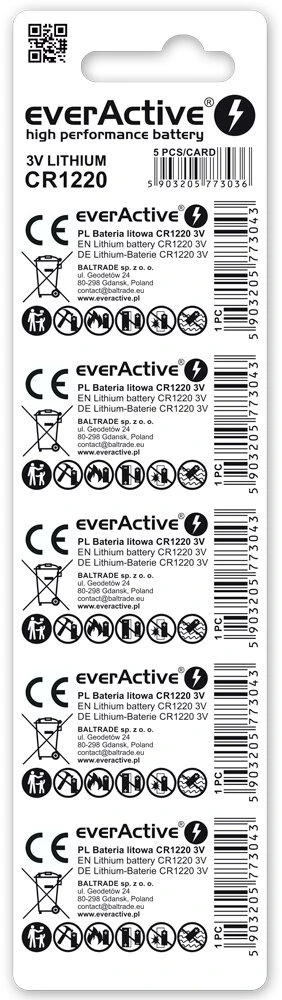 Baterija CR1220 everActive (lizdinė pakuotė, 5 vnt.)