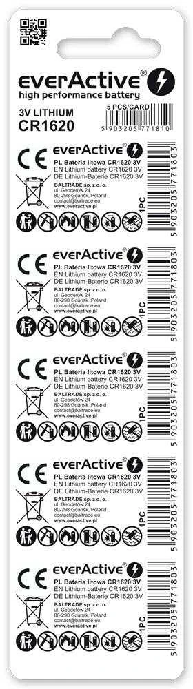 Baterija CR1620 everActive, 5 vienetų lizdinė pakuotė