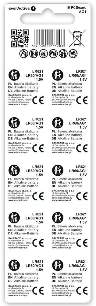 Baterijos AG1 / G1 / LR60 / LR621 everActive 1,5V (blisterinė pakuotė, 10 vnt.)